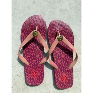 Tory Burch Flip Flops Sandals Red Purple Logo‎ Medallion Beach Pool Slides